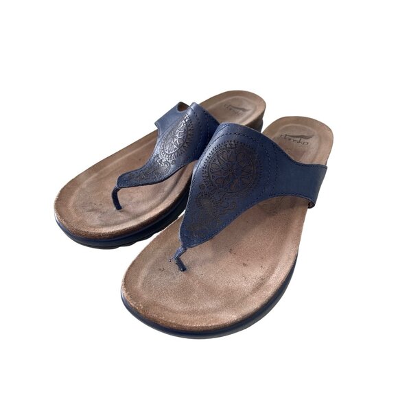 Dansko Priya Thong Sandals Size 37 Navy Blue Embossed Madala Cork Sole Comfort - Picture 2 of 10